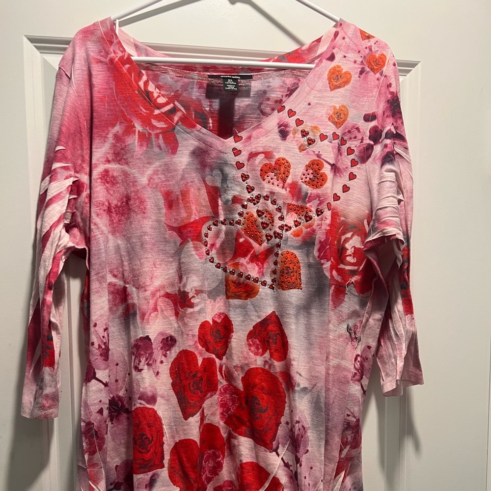 Cato Pink and Red Heart Print Long Sleeve Top